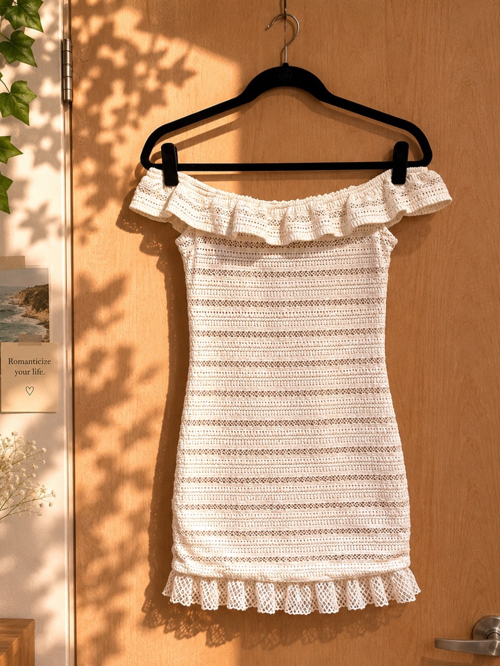 Nightcap Off-Shoulder Crochet Mini Dress in Cream
